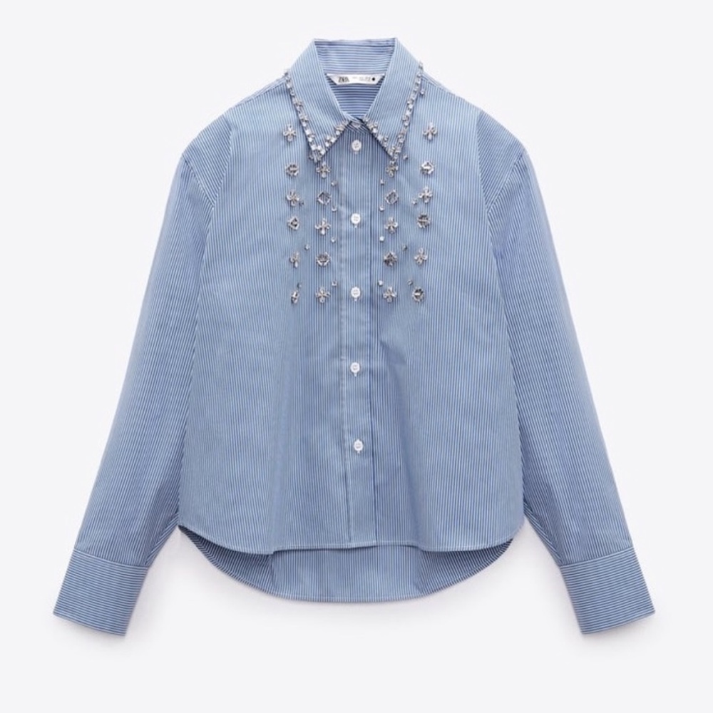 ZARA JEWEL APPLIQUÉ POPLIN STRIPE BLUE WHITE SHIRT